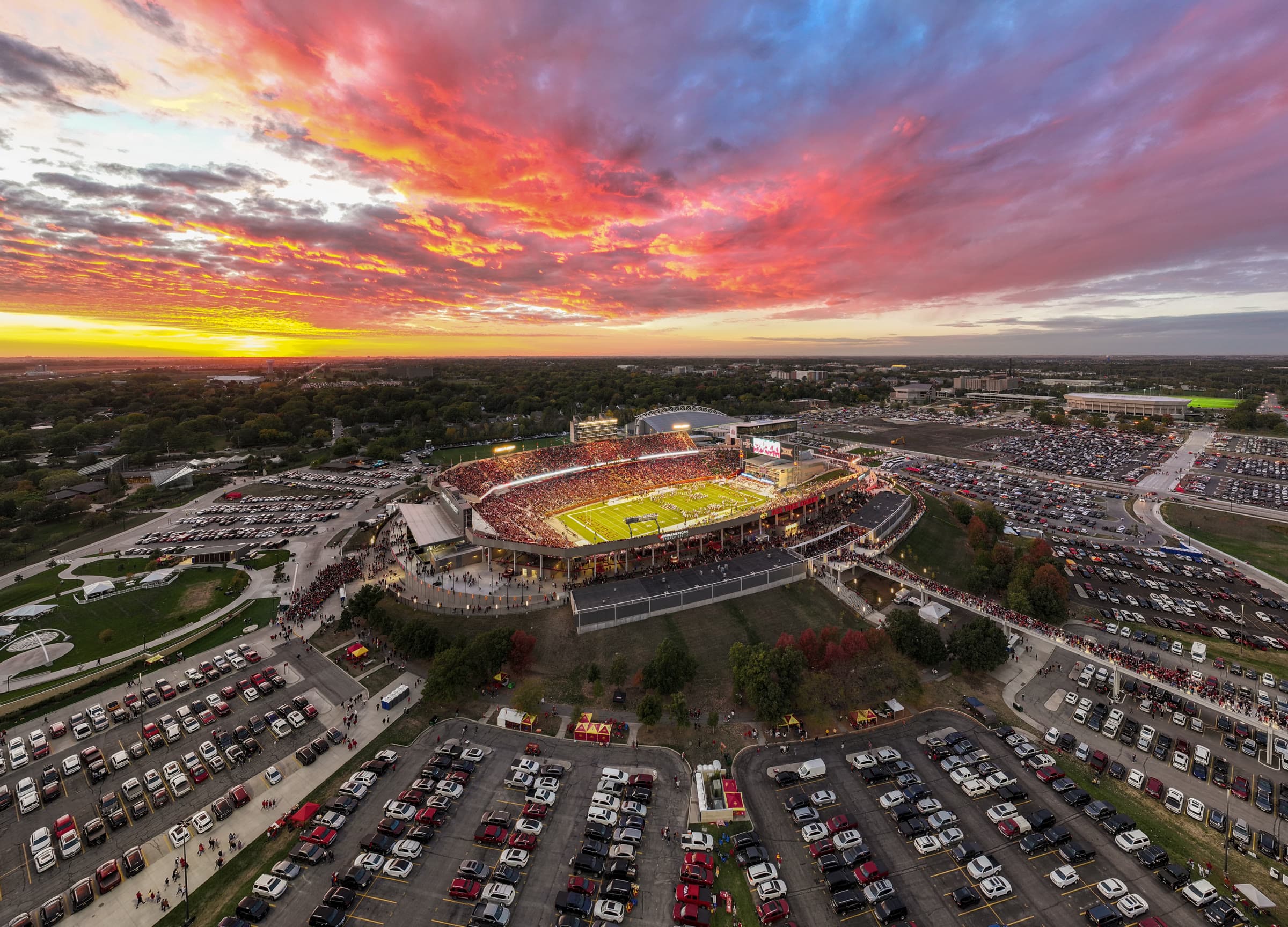 Aerial sunset view of Jack Trice Stadium during a game