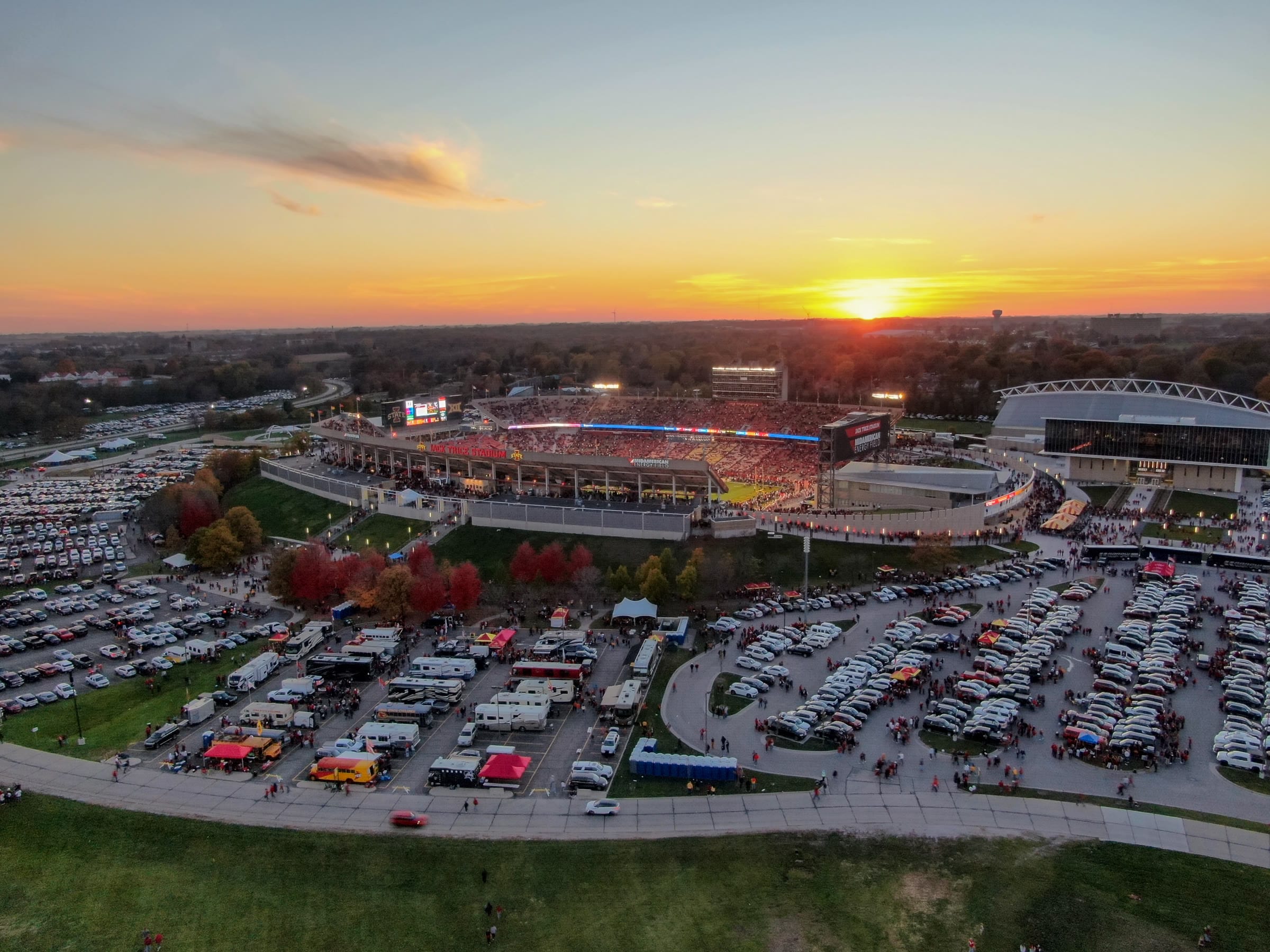Aerial sunset view of Jack Trice Stadium during a game
